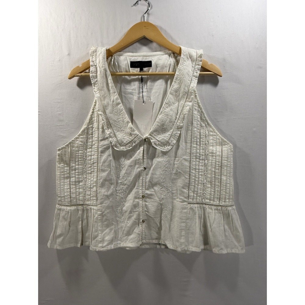 ZARA Sleeveless Embroidered Blouse Top White Cotton Peter Pan Collar Boho Sz XXL
